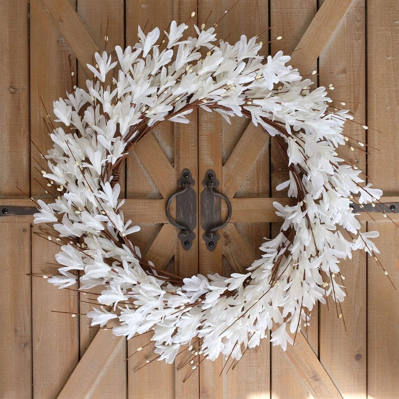 20inch Artificial Forsythia Flower Wreath Spring Summer Fall Wreath Silk Leaves Wreath for Front Door Wreath Porch Farmhouse Patio Garden Home Decor (White)